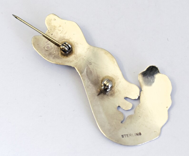 big funky 925 silver onyx collared smug fluffy feline mid-century pin Unusual 50/'s sterling onyx Modernist smirking cat brooch
