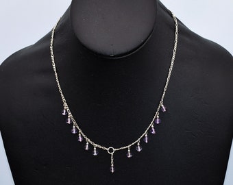 Dainty 70's amethyst sterling bib, purple bead dangles 925 silver figaro chain princess necklace