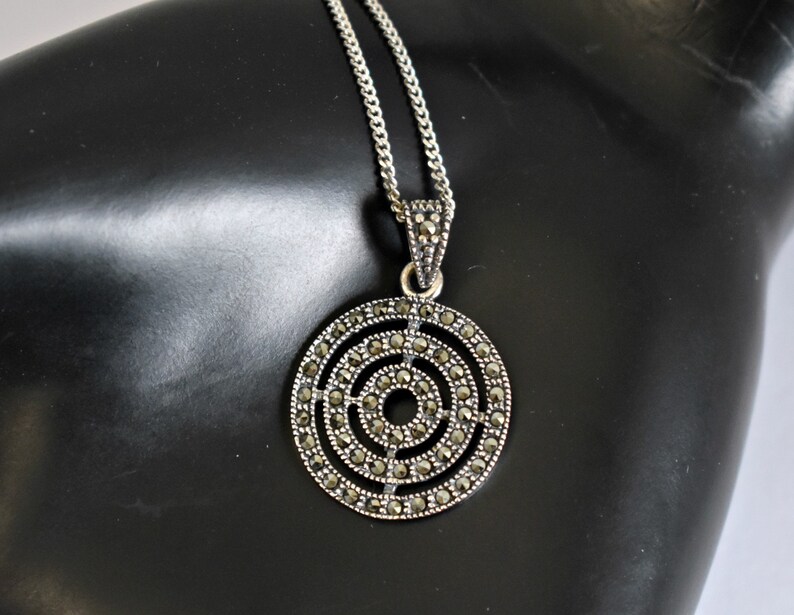 80's sterling pyrite circles of eternity pendant, SA THAI 925 silver marcasite mystic spiral necklace image 4