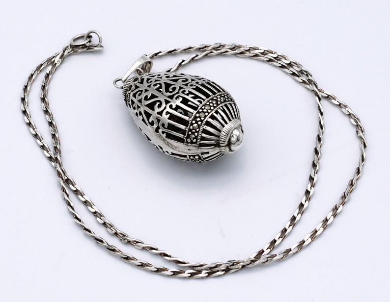 80's sterling marcasite ornate egg pendant, unusual Byzantine 925 silver pyrite cage necklace image 3