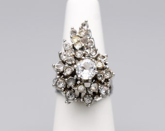 60's Ana BeKoach 18k HGE rhinestone size 6.75 cocktail ring, heavy white gold electroplate icy crystal waterfall ring