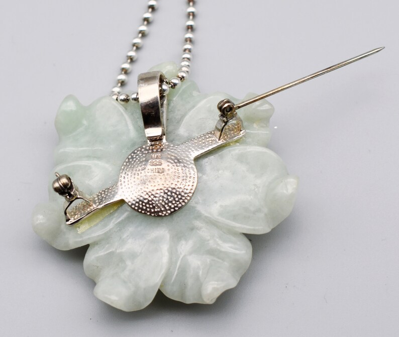 Vintage Whitney Kelly jade pearl sterling silver pendant brooch, big WK 925 China jadeite flower necklace image 5