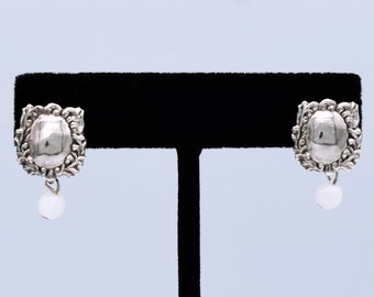 80's ivy edged sterling shield studs, dainty Thailand 925 silver white quartz bead boho earrings