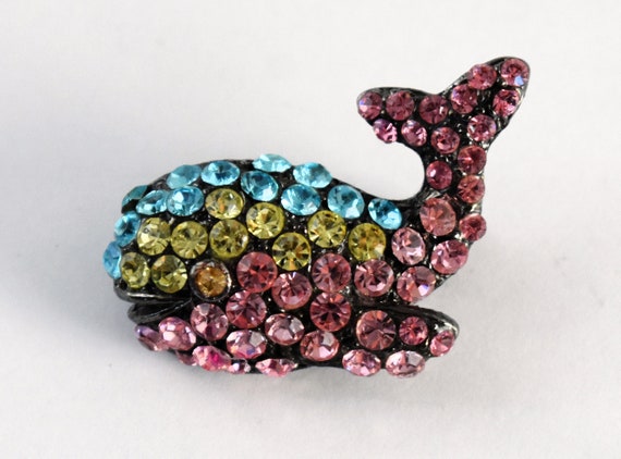 60's gunmetal rhinestone smiling whale brooch, wh… - image 1