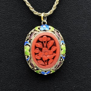 50's carved cinnabar flower gilt silver cloisonne pendant, ornate enamel 925 sterling vermeil necklace image 5