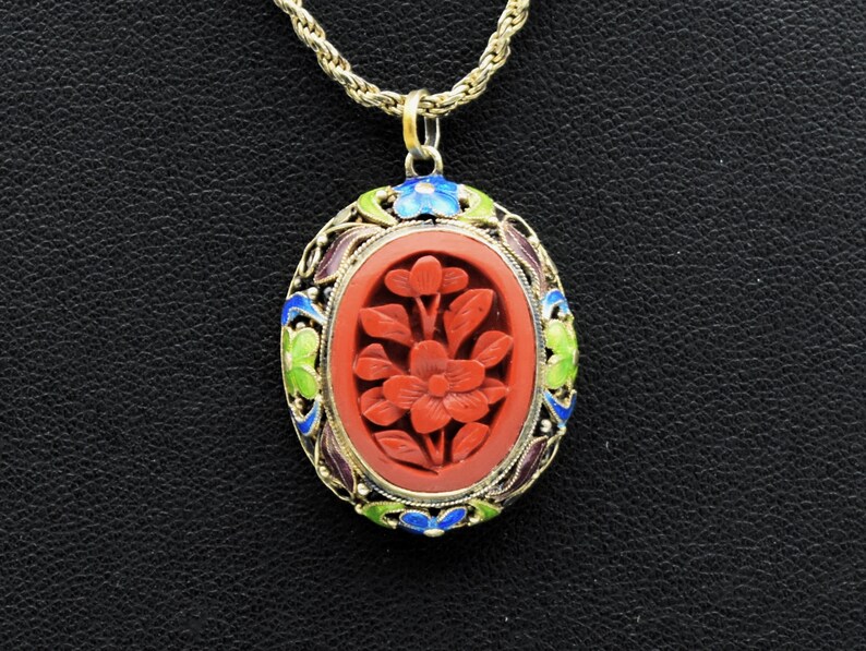 50's carved cinnabar flower gilt silver cloisonne pendant, ornate enamel 925 sterling vermeil necklace image 5