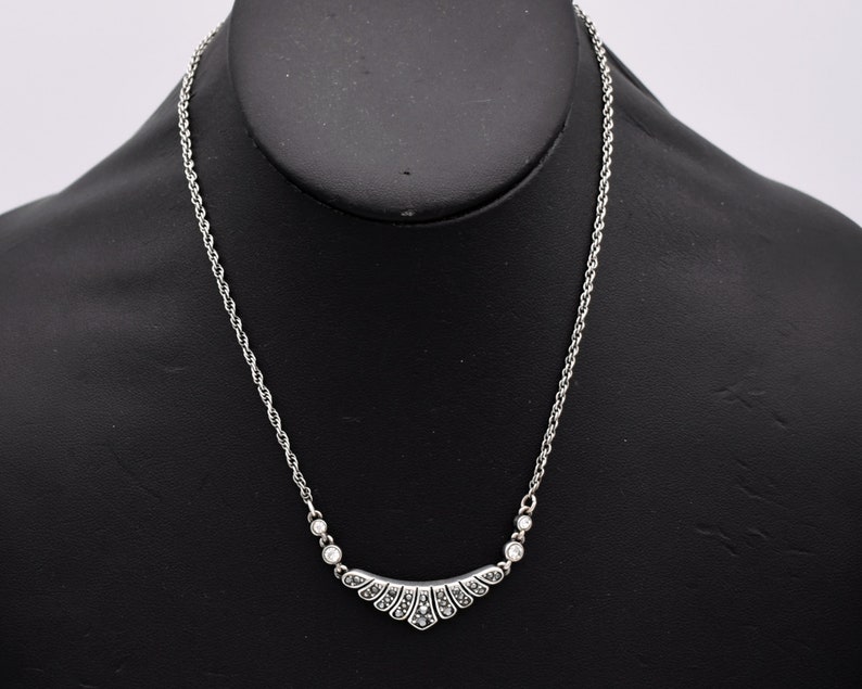 80's Art Deco style sterling & crystal bib, abstract 925 silver scalloped triangle necklace image 1