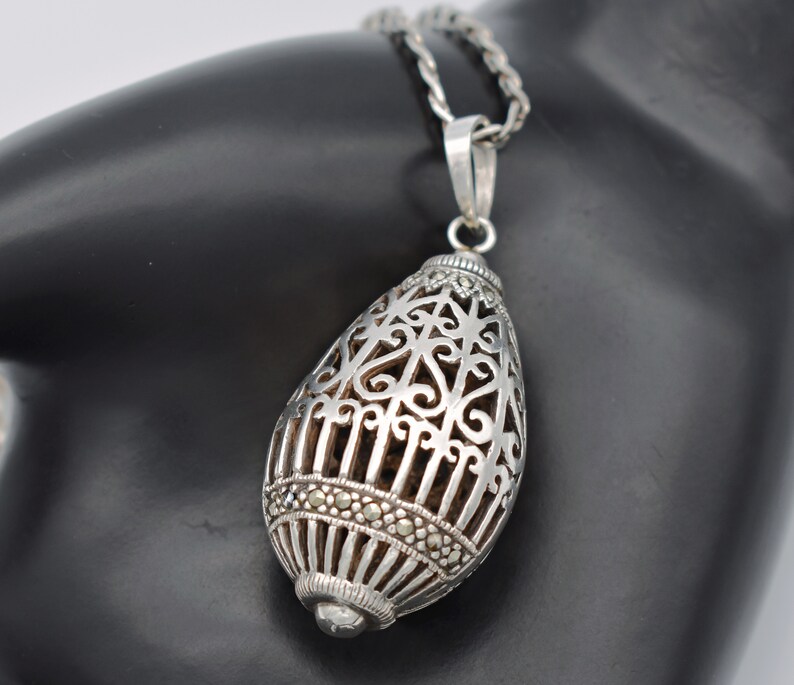 80's sterling marcasite ornate egg pendant, unusual Byzantine 925 silver pyrite cage necklace image 4