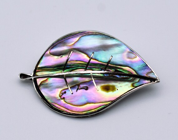 40's pre-Eagle Taxco sterling abalone leaf brooch… - image 7