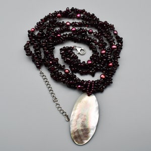 90's garnet pearl 925 sterling silver LUC 3 strand torsade necklace, big detachable abalone shell pendant image 6
