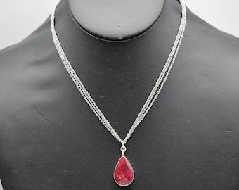 80's ruby sterling teardrop edgy elegant pendant, unusual 3 strand Italy 925 silver raw ruby necklace