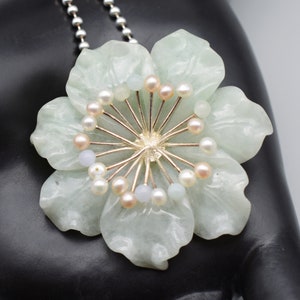 Vintage Whitney Kelly jade pearl sterling silver pendant brooch, big WK 925 China jadeite flower necklace image 7