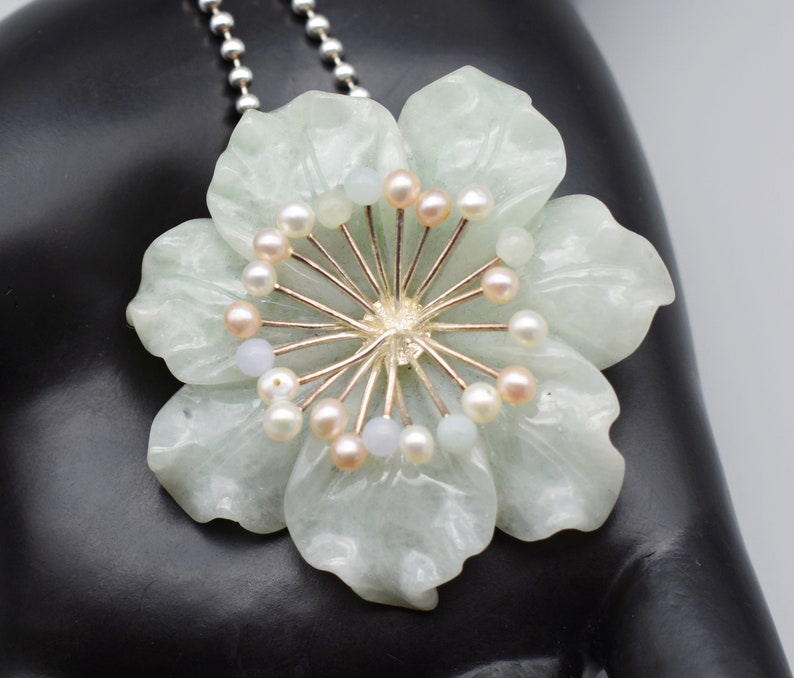 Vintage Whitney Kelly jade pearl sterling silver pendant brooch, big WK 925 China jadeite flower necklace image 7