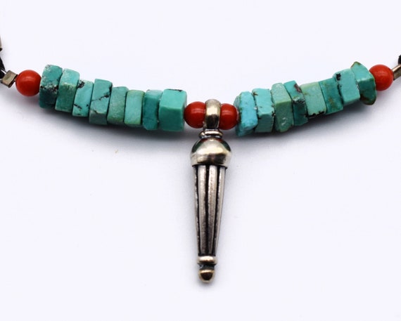 70's turquoise coral sterling leather rocker neck… - image 2