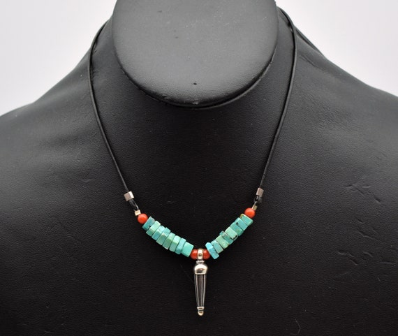 70's turquoise coral sterling leather rocker neck… - image 1
