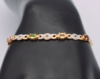 80's Ross-Simons 925 silver vermeil gemstones bracelet, multi-stone textured sterling twist bracelet