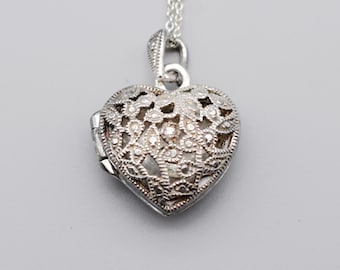 90's CW 925 silver diamond heart locket, open work sterling designer bling sweetheart necklace