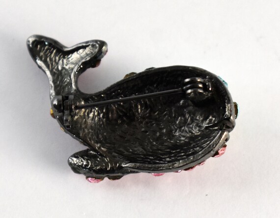 60's gunmetal rhinestone smiling whale brooch, wh… - image 2