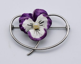 Mid-Century Beau sterling enamel pansy pin, unusual colorful 60's 925 silver flower on stalk brooch