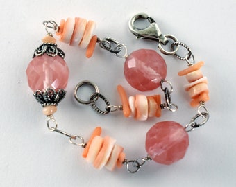Funky 70's 925 sterling silver spiny oyster spirals pink crystal & jade nephrite beads boho bracelet