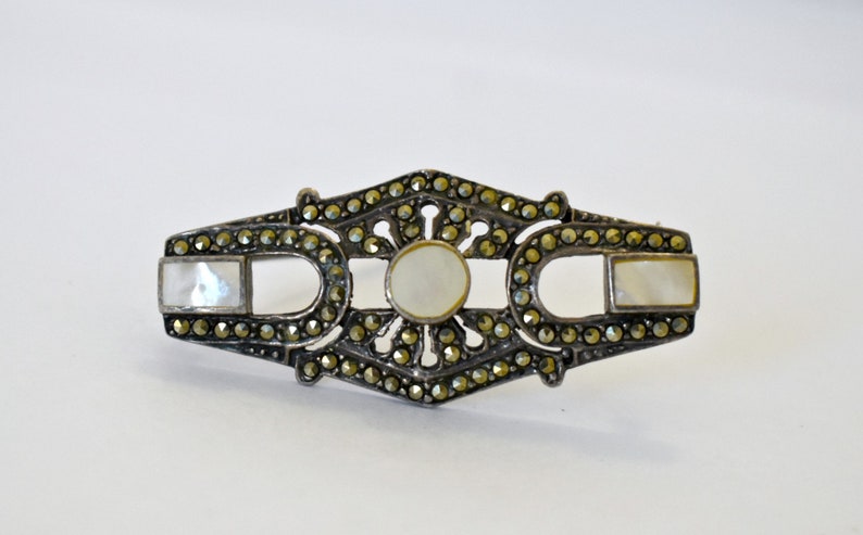 40's Art Deco sterling Mother of Pearl pyrite geometric brooch, MOP marcasite 925 silver horseshoe shield pin image 1