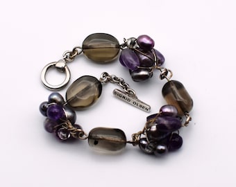 90's Sigrid Olsen amethyst pearl glass beaded bracelet, funky boho silver plate toggle clasp bracelet