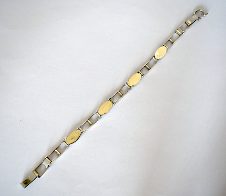 Edgy 60's sterling queen conch Modernist link bracelet, 925 silver bars & orange ovals stacker image 2