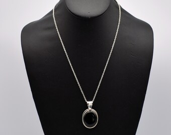 80's black onyx blue flash moonstone 925 silver pendant, sterling gemstone mystic hippie necklace