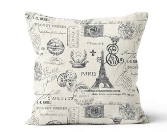 Eiffel Tower Throw Pillow Cover.Black Toss Pillow.Europe Theme Decor.Oatmeal Lumbar.Cushion Cover.French Stamp Pillow.Euro Sham