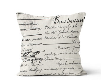 Penmanship Pillow Cover.French Script Throw Pillow.Calligraphy Writing Pillow.French Script Lumbar.Tan Cushion Cover.Black Decorative Pillow