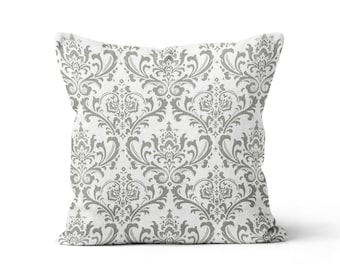 Gray Decorative Pillow Cover.Gray Throw Pillows.Damask Toss Pillows.Gray White Accent Pillows.Gray Crest Euro Sham.Lumbar Cushion