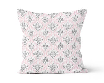 Pink Grey Throw Pillow Cover.Pink Decorative Pillows.Damask Toss Pillows.Pastel Pink Accent Pillows.Pink Pillows.Pink Gray Nursery Decor