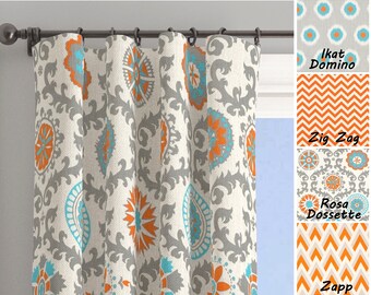 Orange Curtain Panels Orange Aqua Blue Curtains Nursery Etsy