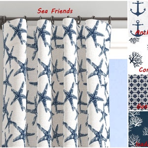 Navy Blue Curtains. Starfish Window Curtains.Nautical Decor.Coral Curtains.Beach Cottage Decor.Anchors Window Treatment.Seaside Theme Deco