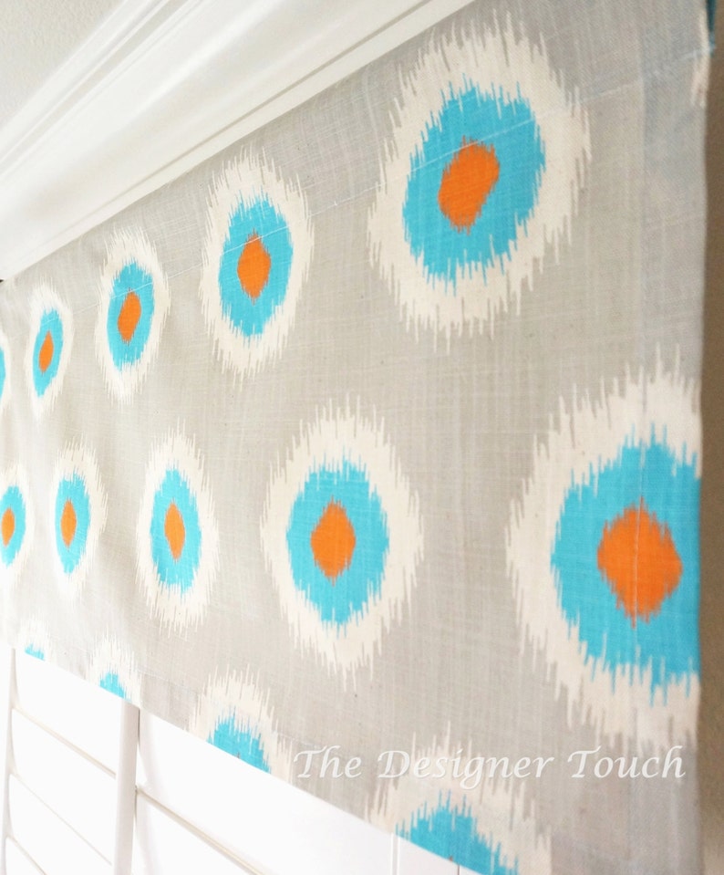 Orange Blue Valance.Premier Prints Valance.Ikat Valance.Blue Grey Valance.Kitchen Valance.Blue Grey Valance.52x15 Any Size image 4