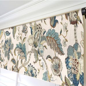May include: A window valance featuring a cream-colored fabric base with a repeating floral and botanical pattern in shades of teal, sage green, and muted brown. The design includes large stylized blossoms and leaves with intricate textures.