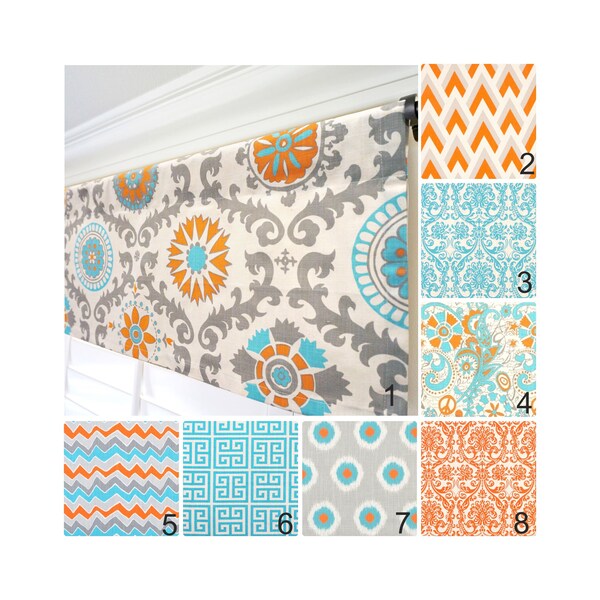 Orange Aqua Blue Valance.Gray Valance Curtain.Damask Valance.Kitchen Window Valance.Aqua Grey Ikat Valance.Blue Oranage Valance