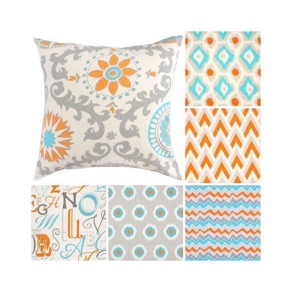 Orange Blue Throw Pillow Cover.Grey Pillows.Aqua Grey Decorative Pillows.Ikat Pillows.Blue Gray Pillow Covers.16"x16", 18"x18"