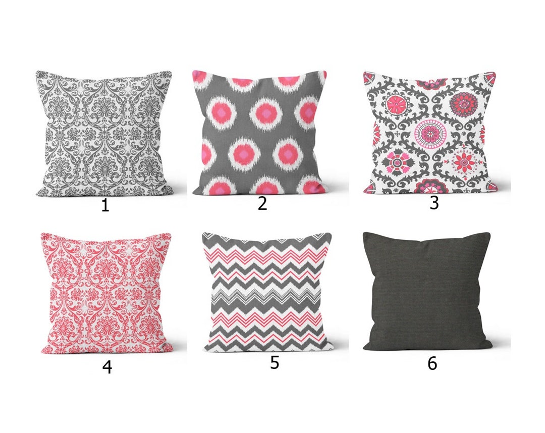 Charcoal Gray Throw Pillow Cover.hot Pink Toss Pillow.ikat Lumbar.dark