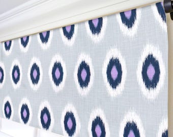 Gray Ikat Valance Panels. Navy Blue Window Treatment. Gray Dark Blue Valance. Kitchen Curtains. Bedroom Curtains. Livingroom Valance