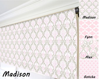 Pink Taupe Valance. Pink Damask Window Treatment. Nursery Curtain. Pink Gray Scrolls Valance. Custom Sized Valance. Pink White Valance