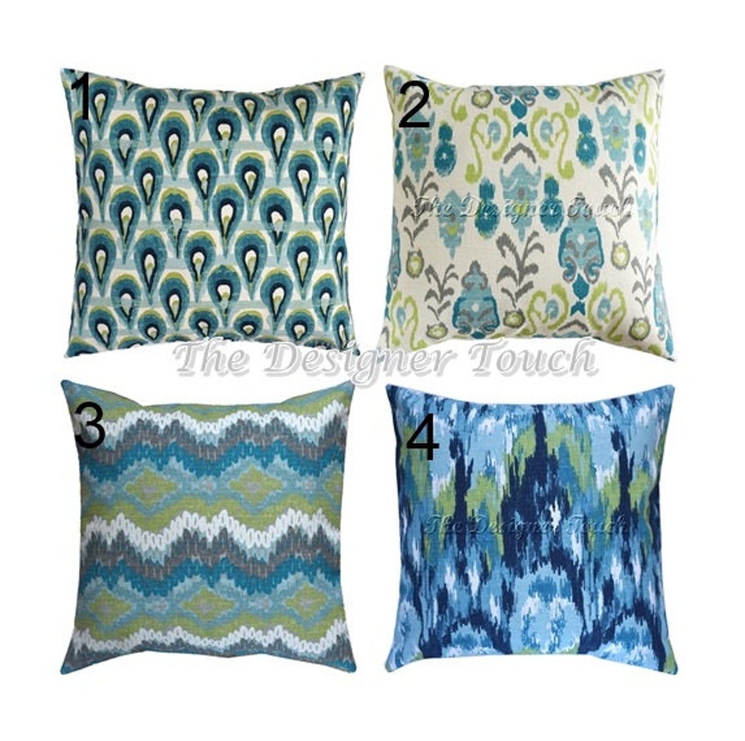 Blue Green Grey Pillow Cover Peacock Feather Pillow Ikat Pillow Lumbar