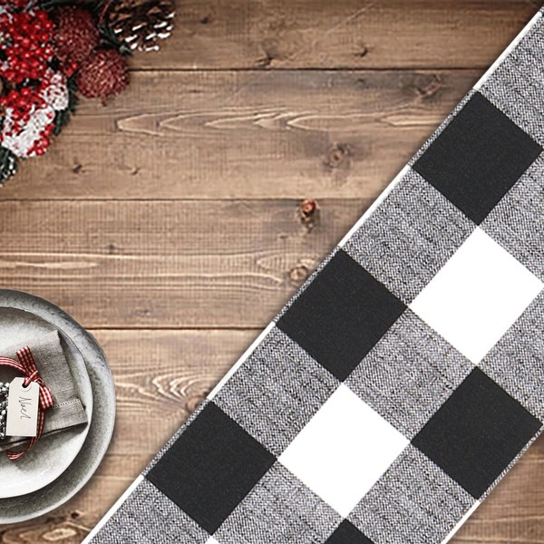 Rustic Holiday Table Runner. Farm House Christmas Table Runner. Black White Buffallo  Checks Table Runner. Log Cabin Farmhouse Table Runner