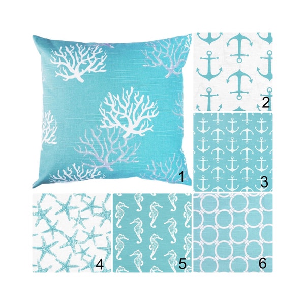 Aqua Blue Pillow Covers.Coastal Blue Throw Pillows.Nautical Decorative Pillow.16"x16", 18"x18"-Geometric.Nautical.Coral.Anchors