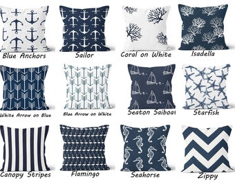 Blue and White Throw Pillow Cover.Dark Blue Decorative Pillow.Blue Toss Pillow.Nautical Decor.Blue Euro Sham.16x16 18x18 20x20 Accent Pillow
