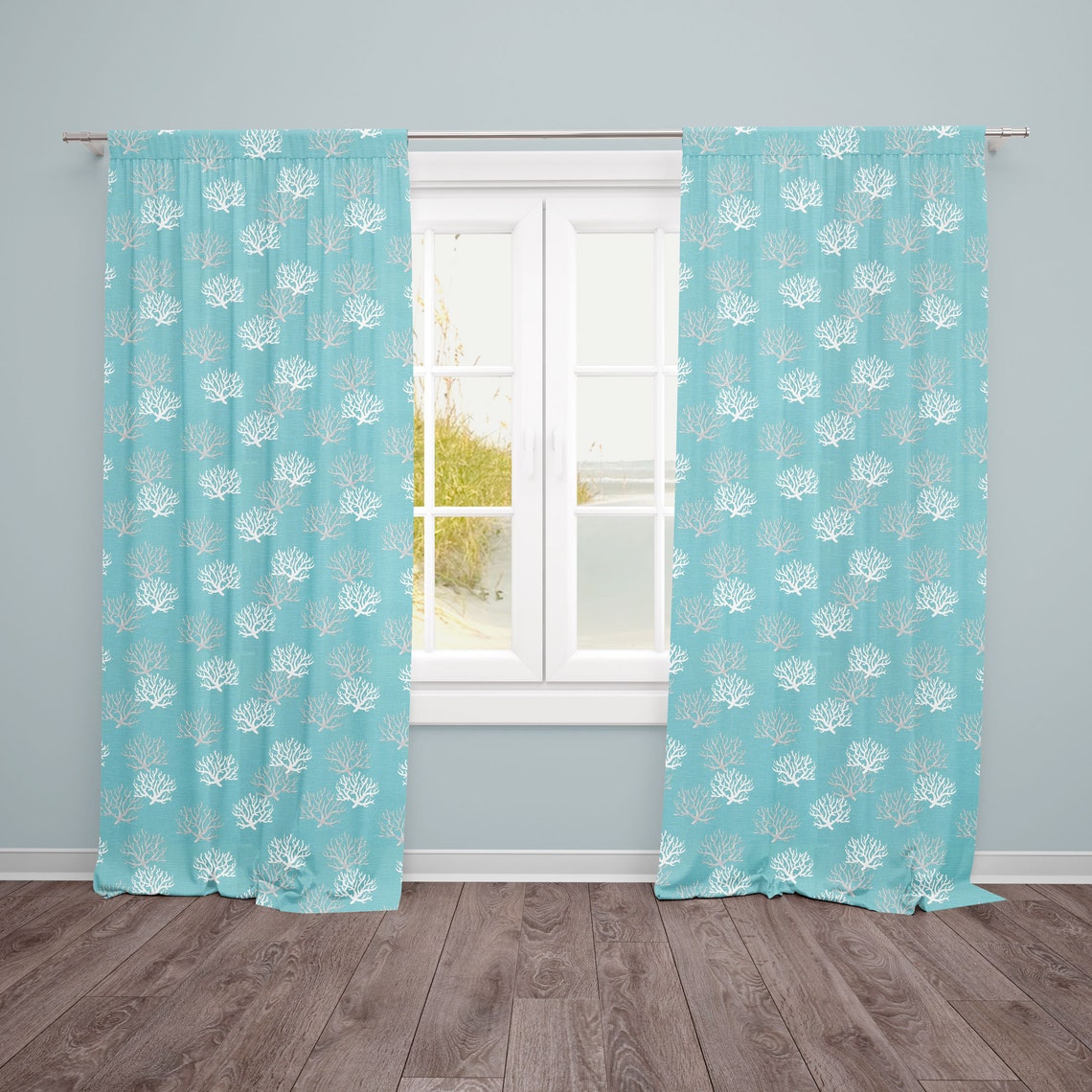 Aqua Blue Curtains.coral Curtain Panels.beach Theme Etsy