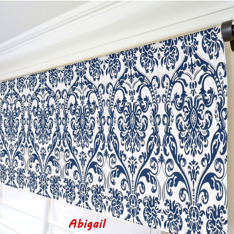 Blue Damask Valance Dark Blue Curtains Navy Blue Window Valance Geometric Curtains Custom Modern Valance Blue White Kitchen Valance
