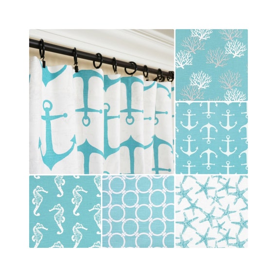 Aqua Curtains Coastal Blue Window Treatment Anchors Nautical Etsy