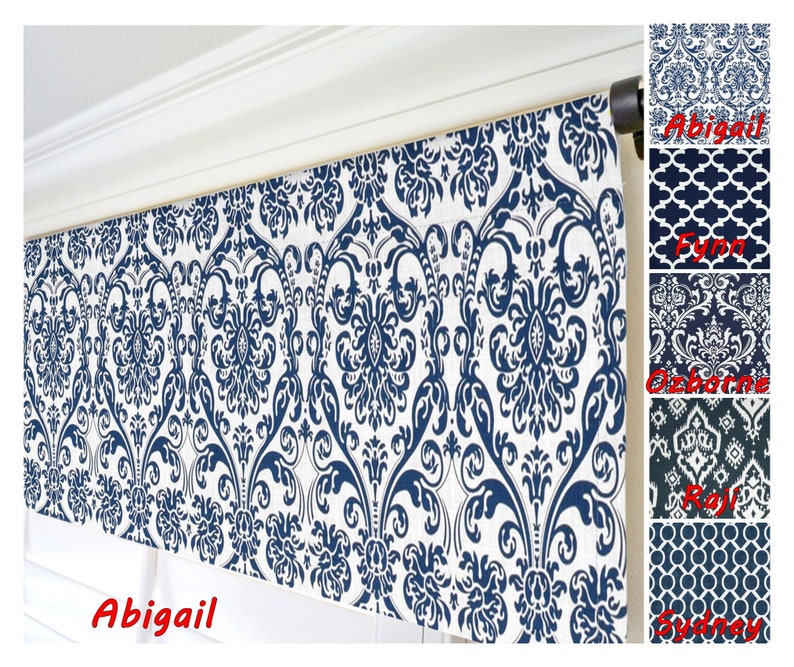 Blue Damask Valance Dark Blue Curtains Navy Blue Window Valance Geometric Curtains Custom Modern Valance Blue White Kitchen Valance