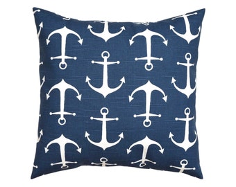 Navy Blue White Designer Lumbar Euro Sham Pillow Cover  18"x18" or  Custom Size - Nautical Anchors Kids Room Nursery